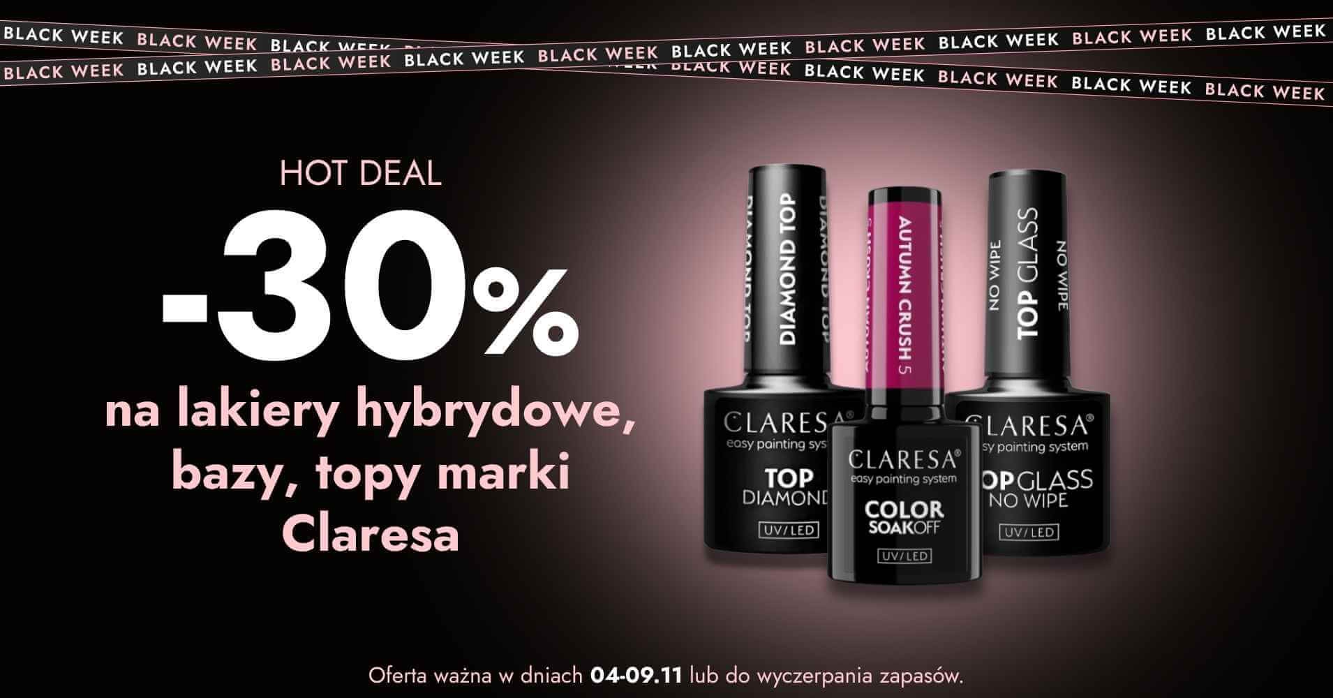 -30% na lakiery hybrydowe, bazy, topy marki Claresa